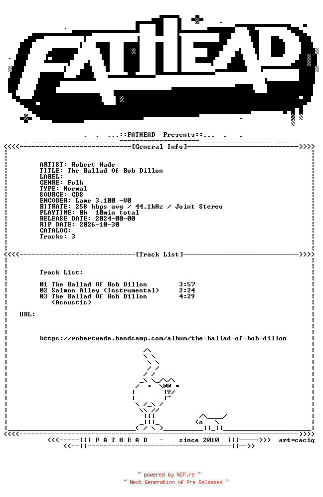NFO for the release Robert_Wade-The_Ballad_Of_Bob_Dillon-CDS-2024-FATHEAD by FATHEAD