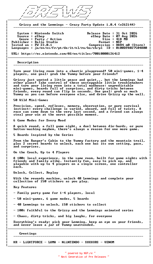 NFO for the release Grizzy_and_the_Lemmings_Crazy_Party_Update_v1.0.4_NSW-BREWS by BREWS