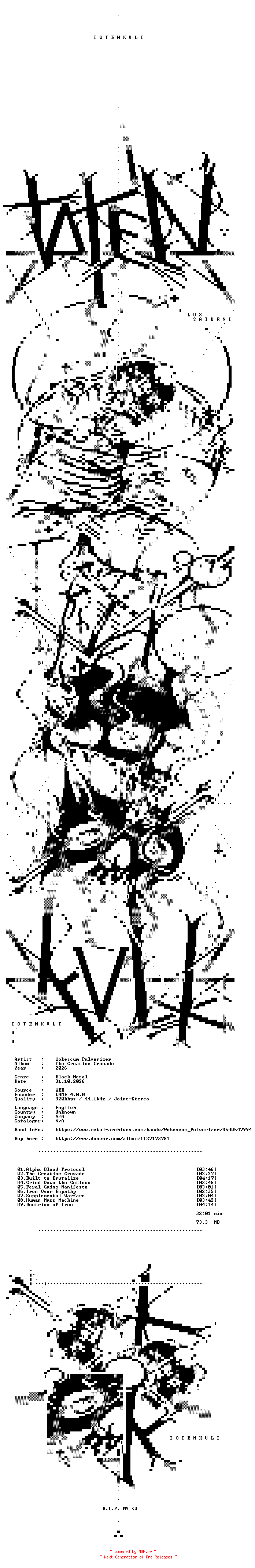 NFO for the release Wokescum_Pulverizer-The_Creatine_Crusade-WEB-2026-TOTENKVLT by TOTENKVLT