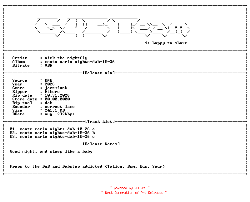 NFO for the release Nick_the_Nightfly-Monte_Carlo_Nights-DAB-10-26-2026-G4E by G4E