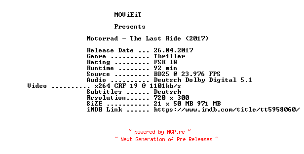 NFO for the release Motorrad.The.Last.Ride.German.2017.BDRiP.x264-MOViEiT by MOViEiT