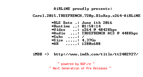 NFO for the release Carol.2015.TRUEFRENCH.720p.BluRay.x264-AiRLiNE by AiRLiNE