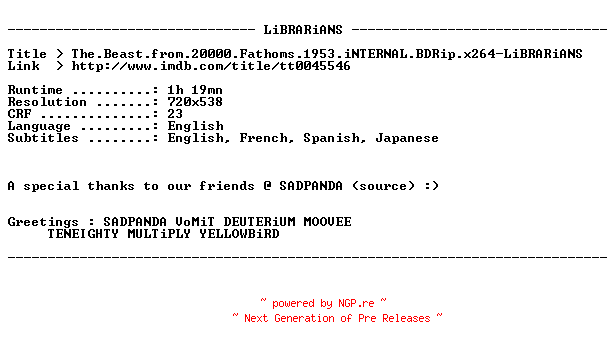 NFO for the release The.Beast.from.20000.Fathoms.1953.iNTERNAL.BDRip.x264-LiBRARiANS by LiBRARiANS