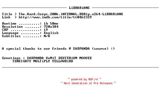 NFO for the release The.Hard.Corps.2006.iNTERNAL.BDRip.x264-LiBRARiANS by LiBRARiANS