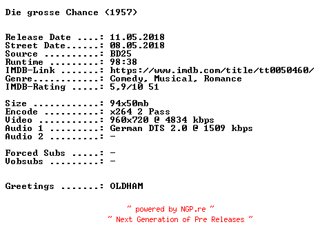 NFO for the release Die.grosse.Chance.1957.German.720p.BluRay.x264-SPiCY by SPiCY
