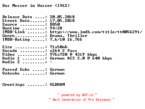 NFO for the release Das.Messer.im.Wasser.1962.German.720p.BluRay.x264-SPiCY by SPiCY