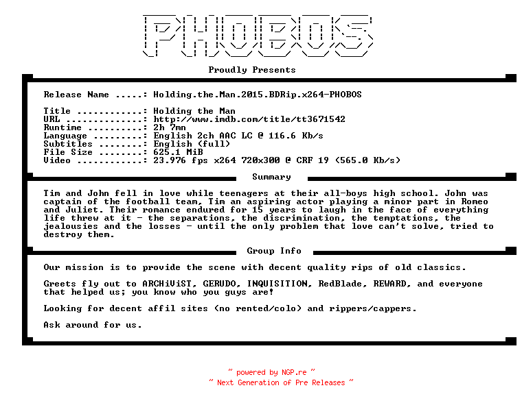 NFO for the release Holding.the.Man.2015.BDRip.x264-PHOBOS by PHOBOS