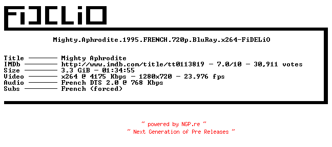 NFO for the release Mighty.Aphrodite.1995.FRENCH.720p.BluRay.x264-FiDELiO by FiDELiO