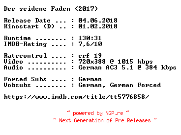 NFO for the release Der.seidene.Faden.German.2017.AC3.BDRip.x264-COiNCiDENCE by COiNCiDENCE