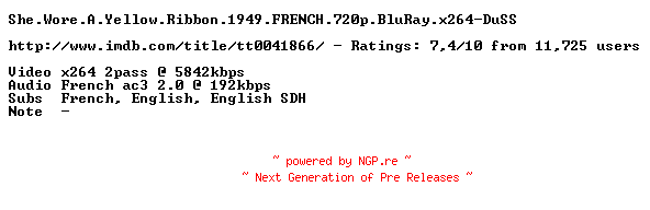 NFO for the release She.Wore.A.Yellow.Ribbon.1949.FRENCH.720p.BluRay.x264-DuSS by DuSS