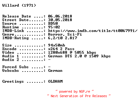 NFO for the release Willard.1971.German.720p.BluRay.x264-SPiCY by SPiCY
