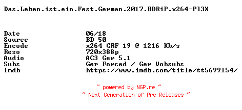NFO for the release Das.Leben.ist.ein.Fest.German.2017.BDRiP.x264-Pl3X by Pl3X