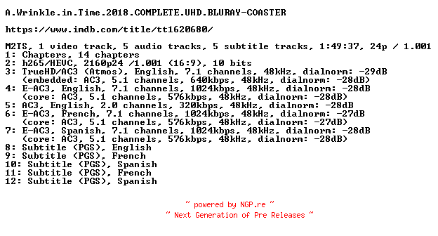 NFO for the release A.Wrinkle.in.Time.2018.COMPLETE.UHD.BLURAY-COASTER by COASTER