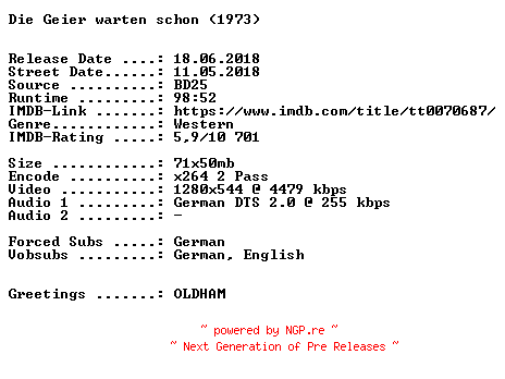 NFO for the release Die.Geier.warten.schon.1973.German.720p.BluRay.x264-SPiCY by SPiCY