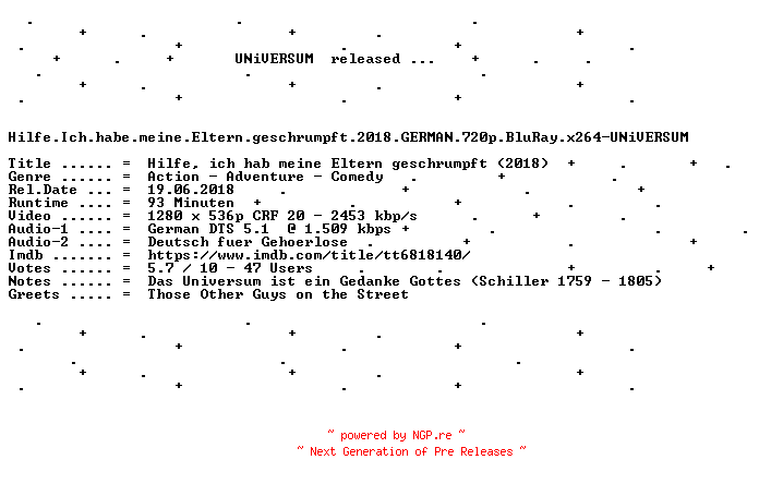 NFO for the release Hilfe.Ich.habe.meine.Eltern.geschrumpft.2018.GERMAN.720p.BluRay.x264-UNiVERSUM by UNiVERSUM