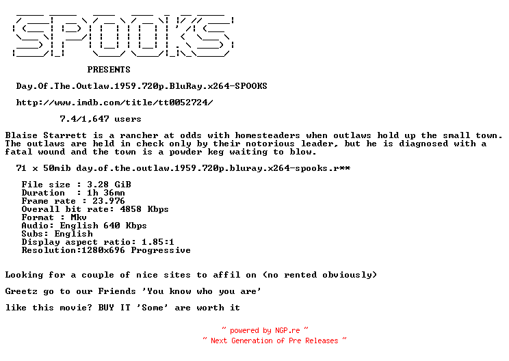 NFO for the release Day.Of.The.Outlaw.1959.720p.BluRay.x264-SPOOKS by SPOOKS