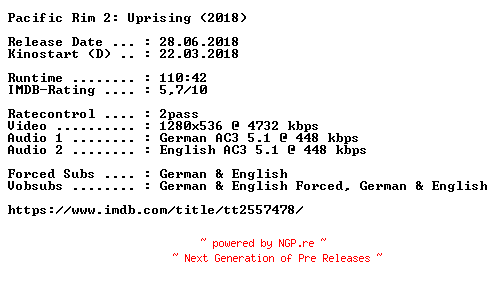 NFO for the release Pacific.Rim.2.Uprising.2018.German.DL.720p.BluRay.x264-COiNCiDENCE by COiNCiDENCE