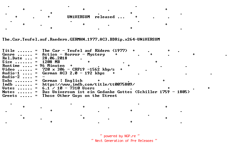 NFO for the release The.Car.Teufel.auf.Raedern.GERMAN.1977.AC3.BDRip.x264-UNiVERSUM by UNiVERSUM