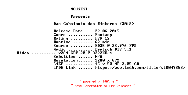 NFO for the release Das.Geheimnis.des.Einhorns.2018.German.720p.BluRay.x264-MOViEiT by MOViEiT