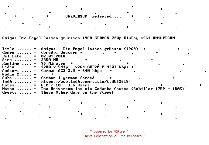 NFO for the release Amigos.Die.Engel.lassen.gruessen.1968.GERMAN.720p.BluRay.x264-UNiVERSUM by UNiVERSUM