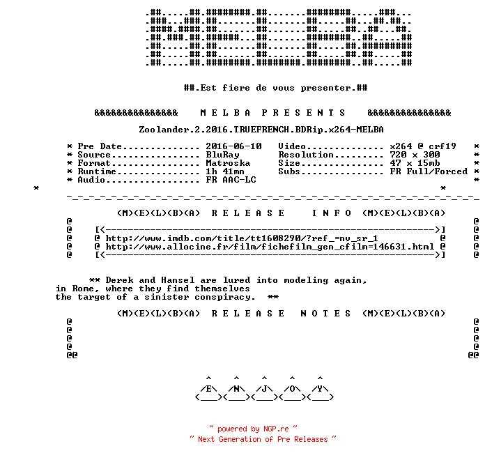 NFO for the release Zoolander.2.2016.TRUEFRENCH.BDRip.x264-MELBA by MELBA
