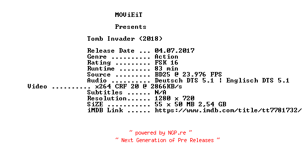 NFO for the release Tomb.Invader.2018.German.720p.BluRay.x264-MOViEiT by MOViEiT