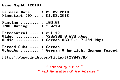 NFO for the release Game.Night.German.2018.AC3.BDRip.x264-COiNCiDENCE by COiNCiDENCE