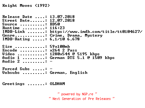 NFO for the release Knight.Moves.1992.German.720p.BluRay.x264-SPiCY by SPiCY