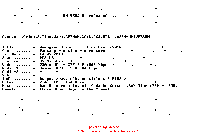 NFO for the release Avengers.Grimm.2.Time.Wars.GERMAN.2018.AC3.BDRip.x264-UNiVERSUM by UNiVERSUM
