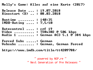 NFO for the release Mollys.Game.Alles.auf.eine.Karte.German.2017.AC3.BDRip.x264-COiNCiDENCE by COiNCiDENCE