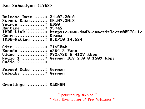 NFO for the release Das.Schweigen.1963.German.720p.BluRay.x264-SPiCY by SPiCY
