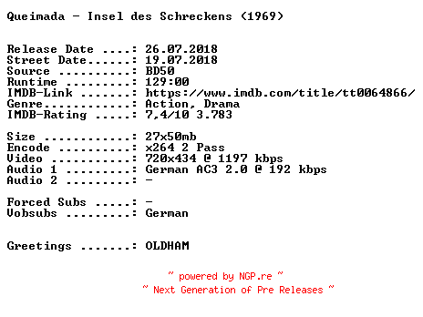 NFO for the release Queimada.Insel.des.Schreckens.German.1969.AC3.BDRip.x264-SPiCY by SPiCY