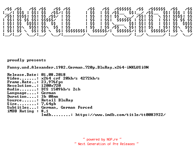 NFO for the release Fanny.und.Alexander.1982.German.720p.BluRay.x264-iNKLUSiON by iNKLUSiON