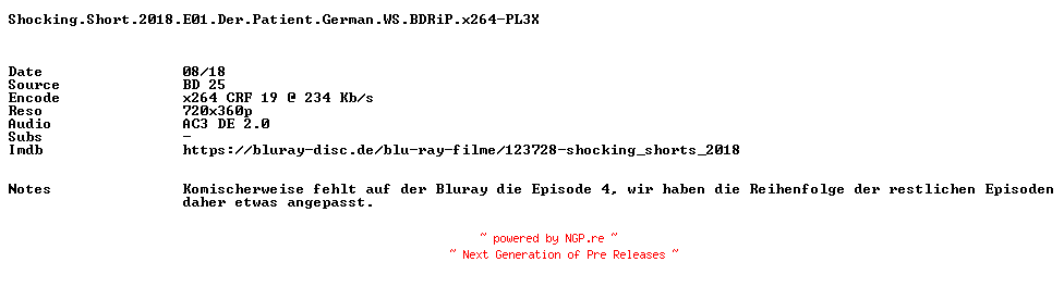 NFO for the release Shocking.Short.2018.E01.Der.Patient.German.WS.BDRiP.x264-PL3X by PL3X