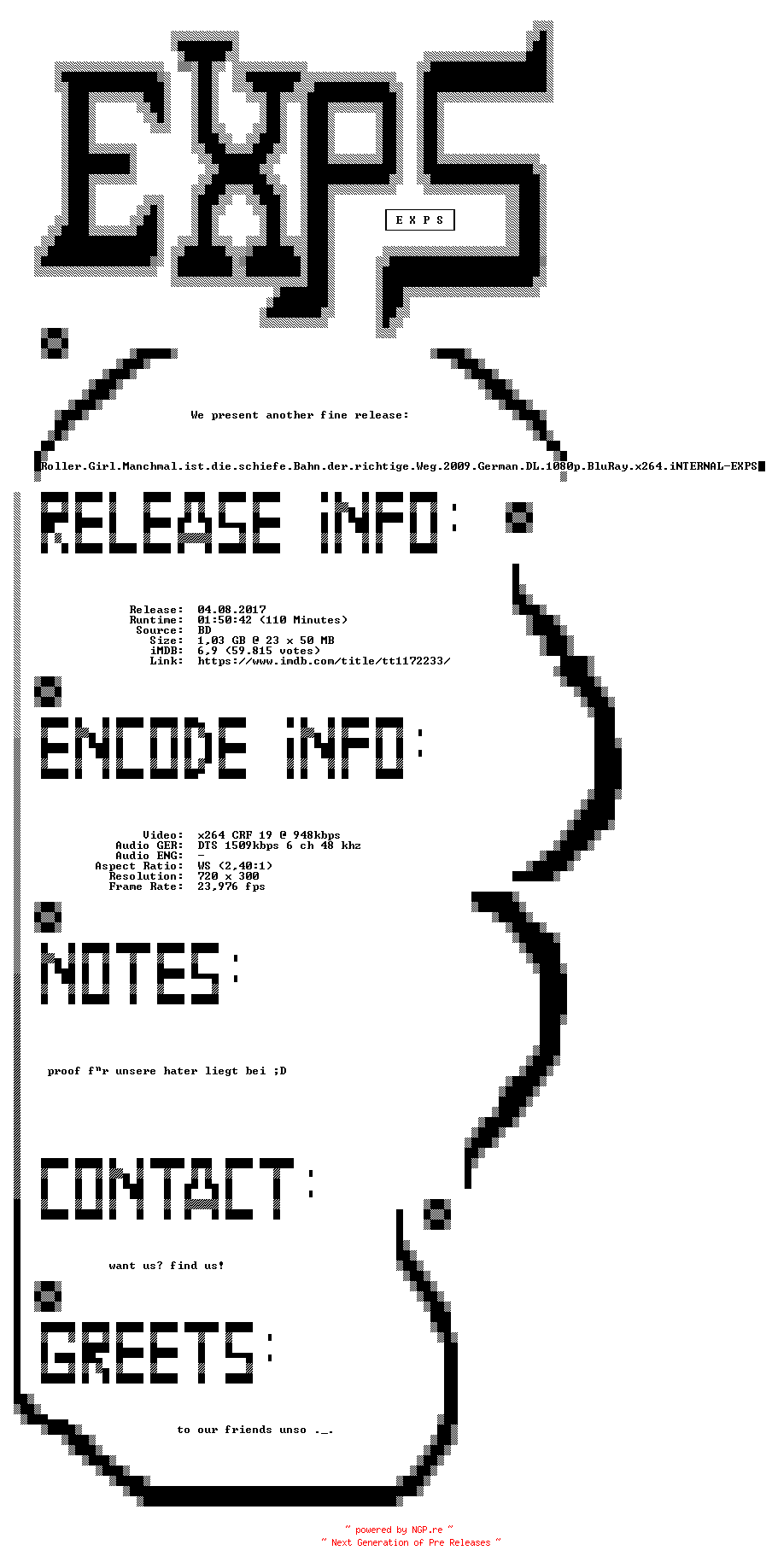 NFO for the release Roller.Girl.Manchmal.ist.die.schiefe.Bahn.der.richtige.Weg.German.2009.AC3.BDRip.x264.iNTERNAL-EXPS by EXPS