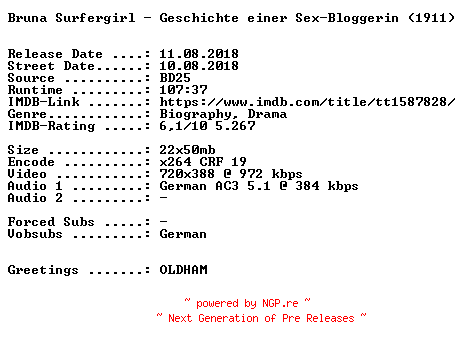 NFO for the release Bruna.Surfergirl.Geschichte.einer.Sex.Bloggerin.German.2011.AC3.BDRip.x264-SPiCY by SPiCY