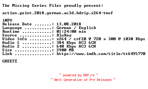 NFO for the release Action.Point.2018.German.AC3D.BDRip.x264-TMSF by TMSF