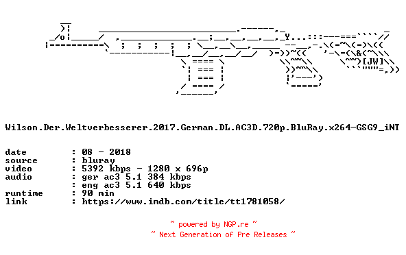 NFO for the release Wilson.Der.Weltverbesserer.2017.German.DL.AC3D.720p.BluRay.x264-GSG9_iNT by GSG9_iNT