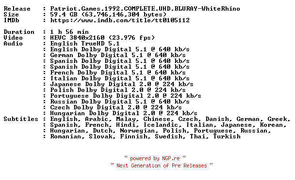 NFO for the release Patriot.Games.1992.COMPLETE.UHD.BLURAY-WhiteRhino by WhiteRhino
