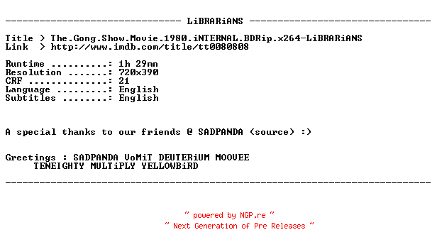 NFO for the release The.Gong.Show.Movie.1980.iNTERNAL.BDRip.x264-LiBRARiANS by LiBRARiANS