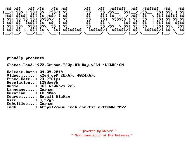 NFO for the release Chatos.Land.1972.German.720p.BluRay.x264-iNKLUSiON by iNKLUSiON