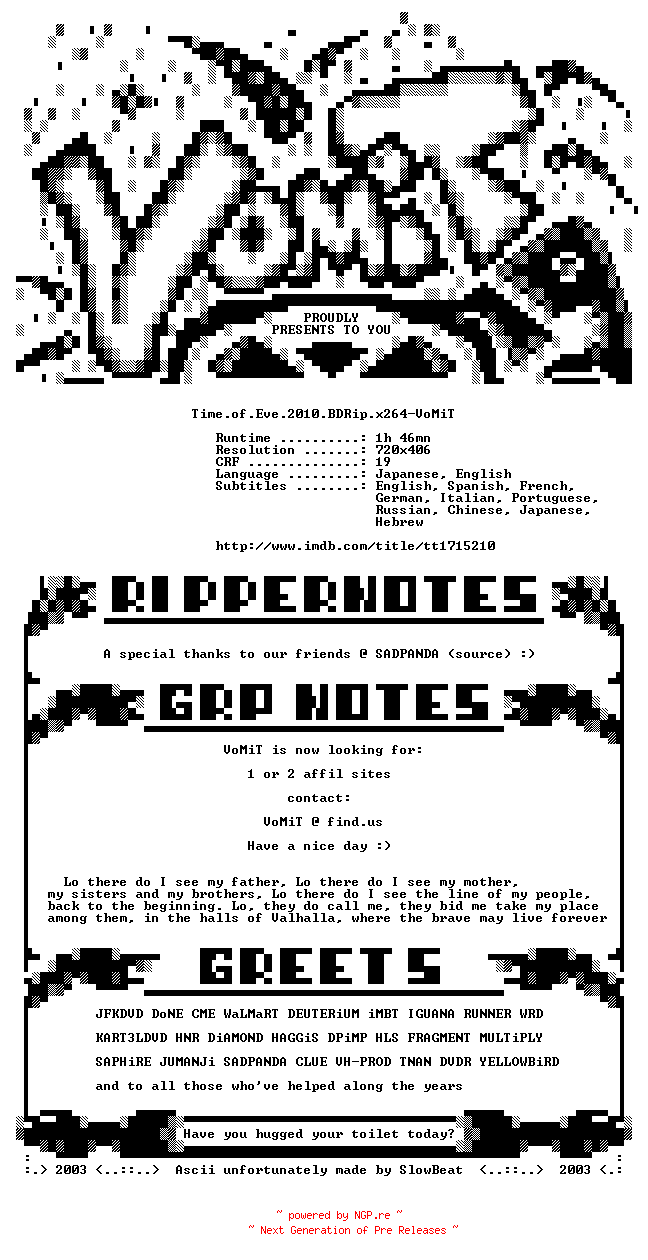 NFO for the release Time.of.Eve.2010.BDRip.x264-VoMiT by VoMiT