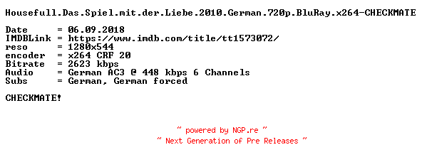 NFO for the release Housefull.Das.Spiel.mit.der.Liebe.2010.German.720p.BluRay.x264-CHECKMATE by CHECKMATE