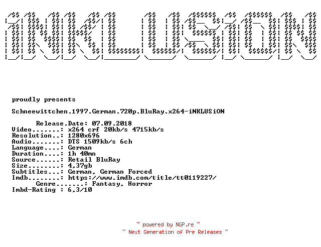 NFO for the release Schneewittchen.1997.German.720p.BluRay.x264-iNKLUSiON by iNKLUSiON