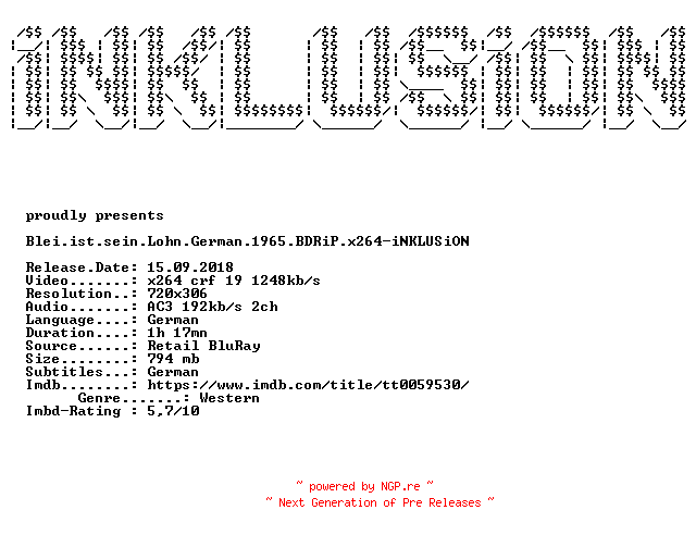 NFO for the release Blei.ist.sein.Lohn.German.1965.BDRiP.x264-iNKLUSiON by iNKLUSiON