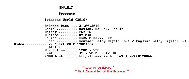NFO for the release Triassic.World.2018.German.720p.BluRay.x264-MOViEiT by MOViEiT