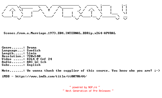 NFO for the release Scenes.from.a.Marriage.1973.E04.INTERNAL.BDRip.x264-APVRAL by APVRAL