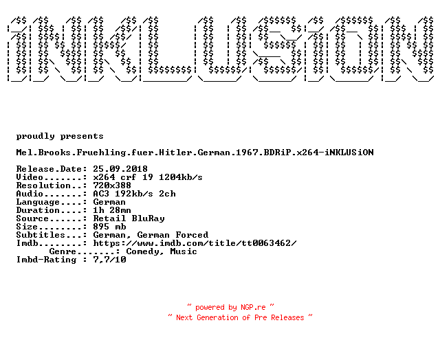 NFO for the release Mel.Brooks.Fruehling.fuer.Hitler.German.1967.BDRiP.x264-iNKLUSiON by iNKLUSiON