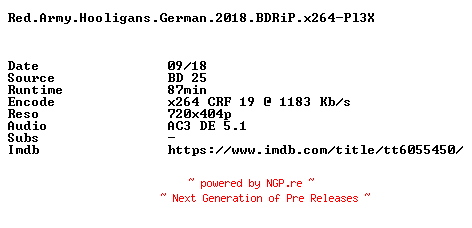 NFO for the release Red.Army.Hooligans.German.2018.BDRiP.x264-Pl3X by Pl3X