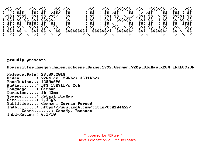 NFO for the release Housesitter.Luegen.haben.schoene.Beine.1992.German.720p.BluRay.x264-iNKLUSiON by iNKLUSiON
